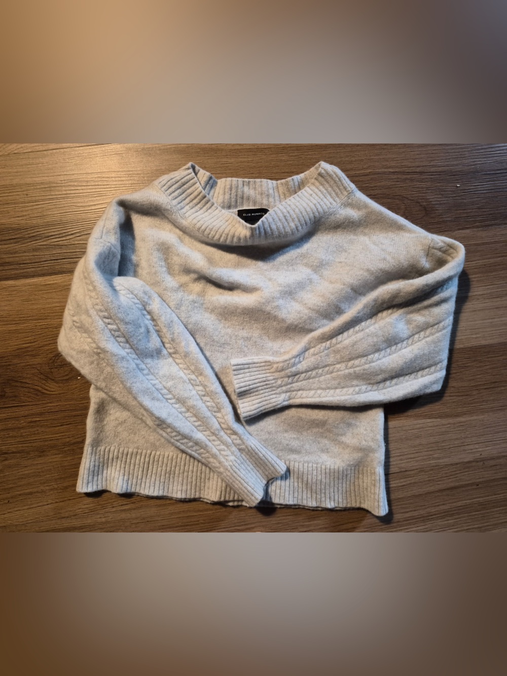 Club Monaco Light Gray Cable-Trim Crewneck Sweater